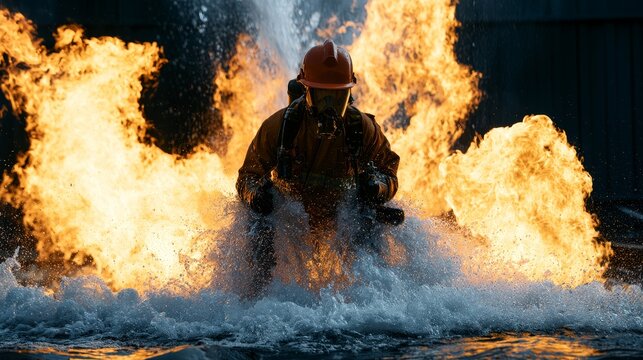 Firefighter rescue training exercise with fireman using water hose and extinguisher to fight flames, emergency response practice, fire safety drill and professional firefighting teamwork concept