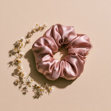 Pink satin scrunchie with delicate daisy flowers on warm beige background