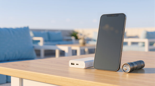 Smartphone mockup with a power bank and flashlight on an outdoor wooden table. Portable technology and travel gear concept. Mobile phone with blank screen on a patio terrace