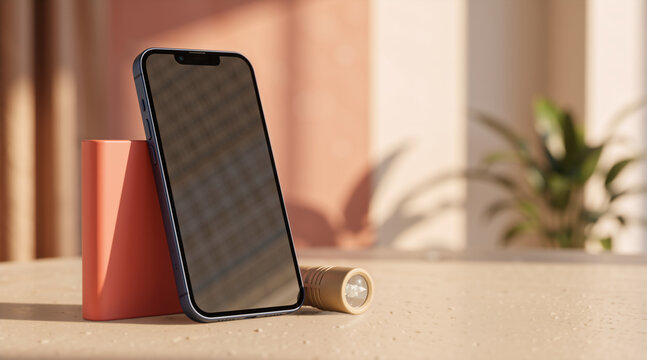 Smartphone mockup leaning on a coral power bank with a small flashlight. Portable technology and travel accessories on a beige surface. Mobile phone with blank screen
