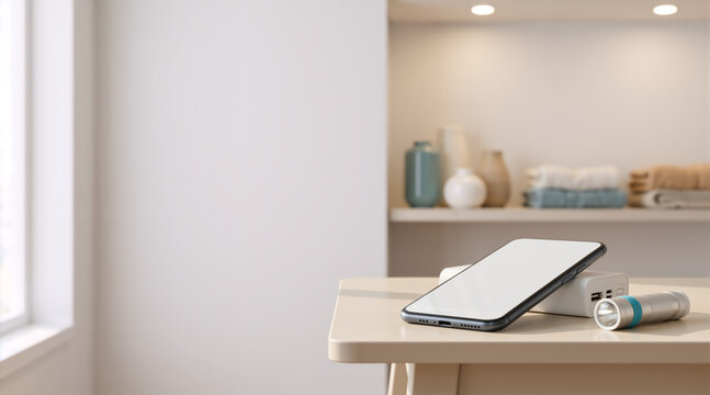 Smartphone with blank screen on portable power bank next to flashlight. Emergency backup power and light kit on table. Mockup template with copy space