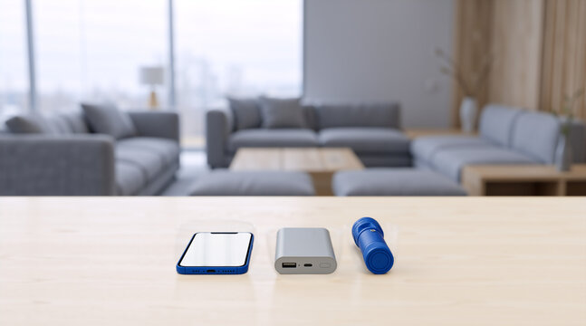 Smartphone with blank screen next to power bank and blue flashlight. Emergency preparedness kit on wooden table in modern living room. Mockup template