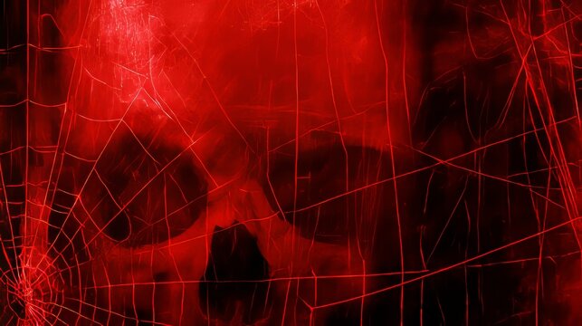 Spooky red grunge horror background with spiderwebs and ghostly skull, creating a dark Halloween atmosphere for scary cinematic titles, trailers, openers, intros, supernatural themes, dramatic events