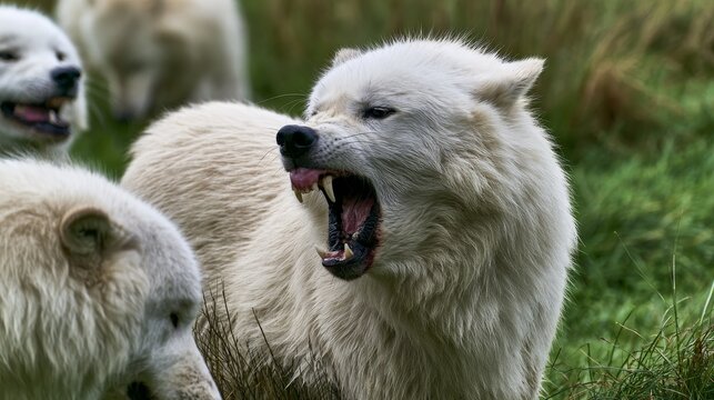 Aggressive white wolf defending prey against pack members in wild nature, showing territorial behavior, predator instinct and survival struggle during a dramatic forest wildlife encounter