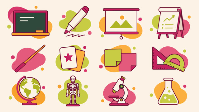 Bright icons show education and science tools. Each symbol floats with soft, colorful shapes. No people appear, so no emotions are shown. These icons suit school, lab, or presentation themes
