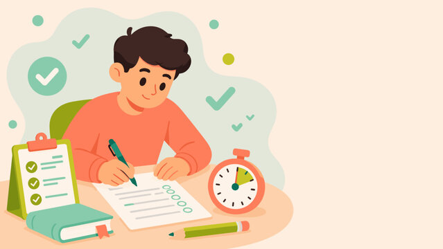 Young man smiles while writing on paper. He sits at desk with checklist and clock nearby. Green pen, book, and pencil rest beside him. Checkmarks float around him as he completes tasks