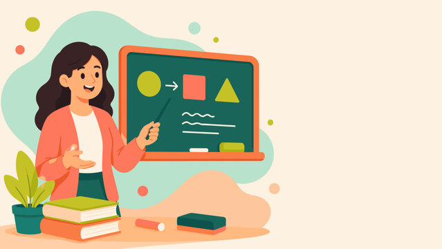 Warmly smiling teacher gestures toward chalkboard with colorful shapes. Brightly colored illustrations include circle, square, triangle, and arrows