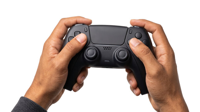 Black console controller with a central touchpad held by both hands showing thumbs on twin joysticks for gaming use PNG, Transparent Background