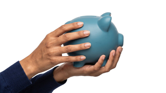 Blue piggy bank cradled in two hands showing a matte ceramic finish for a personal savings and finance concept use PNG, Transparent Background