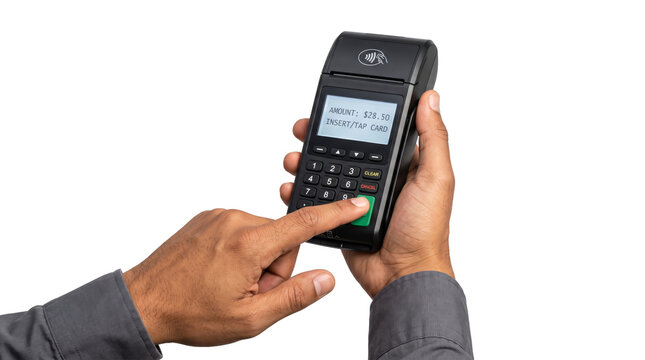 Card payment terminal held in hand while a finger presses the green confirm button for checkout transaction use PNG, Transparent Background