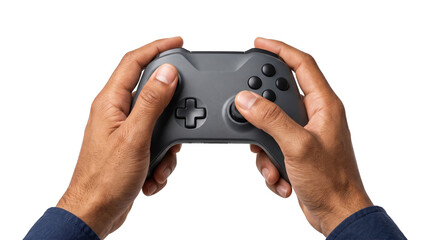 Gamepad controller gripped with both hands showing a thumb pressed on the right joystick for gaming use PNG, Transparent Background © Abdulmalek