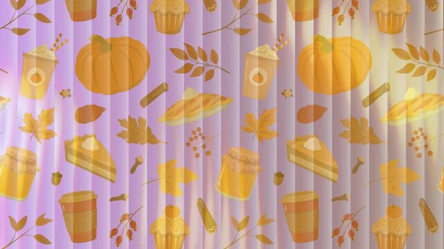 seamless pumpkin, coffee, dessert and leaves pattern with motion gradient effect. Autumn food and nature animated background.
