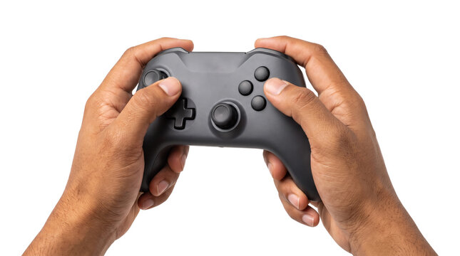 Gaming controller held with both hands showing thumbs on the joysticks designed for console video game use PNG, Transparent Background