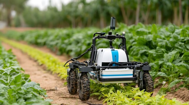 Agricultural robot navigates between rows of green crops in a cultivated field under natural daylight