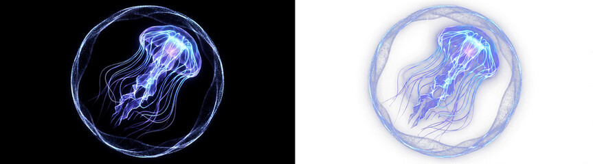 Bioluminescent Glowing Jellyfish in Glowing Particle Sphere Isolated on Transparent Background © riponhossain
