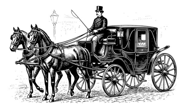 Antique Nineteenth Century Horse Drawn Carriage Historical Engraving Vector