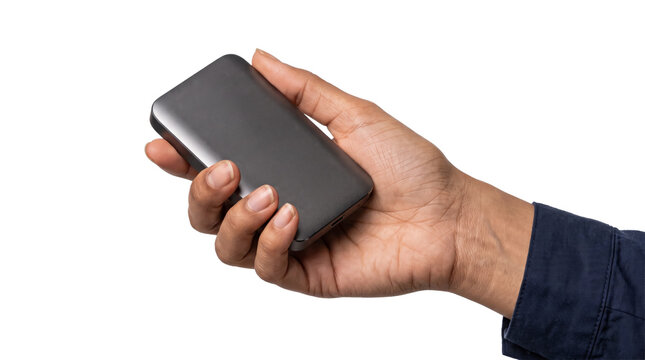 Portable power bank charger held in a hand showing its compact metallic body designed for mobile charging use PNG, Transparent Background