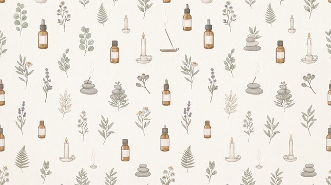 Seamless wellness pattern with essential oil bottles, zen stones, and botanical leaf sketches.