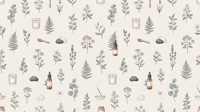 Seamless pattern with botanical herbs and essential oil bottles for wellness background