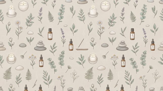 Seamless wellness pattern with botanical herbs and essential oil bottles on beige background