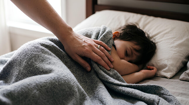 Adult hand tucking a blanket around a sleeping child
