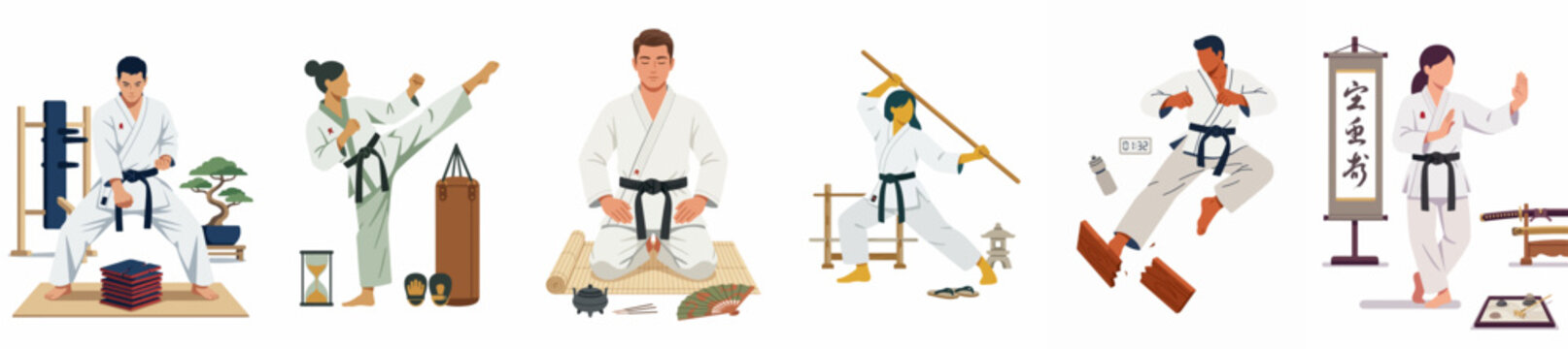 Set of martial arts practitioners in white uniforms performing various techniques including kicks, board breaking, and weapon training in a flat vector style.