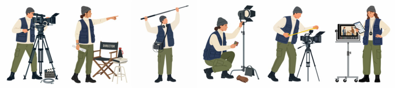 Professional film production crew characters including director, cameraman, boom operator, and lighting technician working on set, isolated flat vector illustration.