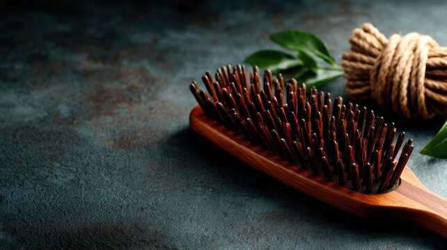 A wooden hairbrush positioned artfully with a rope, emphasized against a textured background, conveying notions of beauty, grooming, and natural aesthetic appeal.