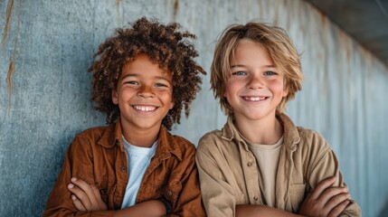 Fototapeta premium Two cheerful boys with different hairstyles smile together against a rustic, textured background, showcasing friendship, joy, and carefree childhood moments in a natural setting.