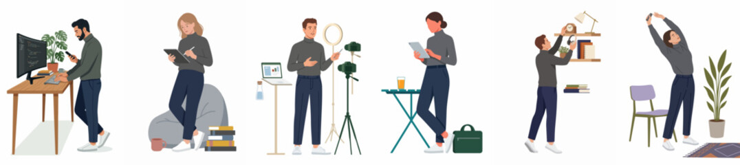 Fototapeta premium Set of flat vector illustrations depicting people working remotely, creating digital content, and practicing wellness routines in a home office setting.