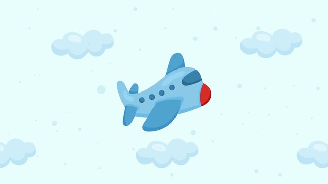 Cute cartoon airplane flying through a bright blue sky with fluffy white clouds animation loop.