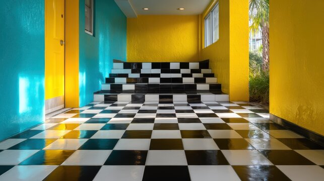 A striking hallway features a bright color contrast, with bold stairs and patterns creating an artistic visual that attracts attention and adds character to any space.