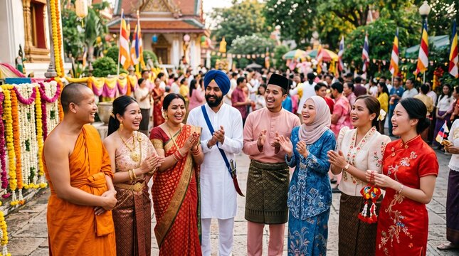 Group of diverse people representing different Asian cultures smiling together in traditional attire at a festive venue