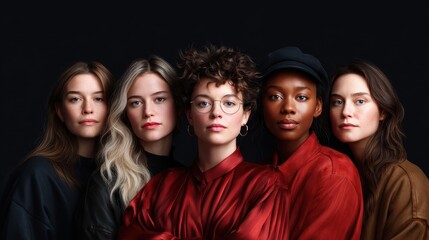 Fototapeta premium A stylish and diverse group of women stands confidently together, showcasing a blend of fashion, expressions, and unity against a dramatic dark background enhancing their beauty.