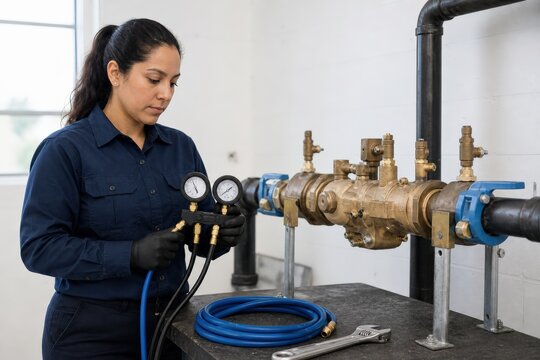 Backflow Prevention Testing One Latina Water-system Technician Beside A Preventer In A Bright Mechanical Room Calmly Inspecting A Portable Dual-gauge Test Kit Before Connection