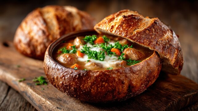 A delicious bowl of hearty soup filled with meatballs, vegetables, and herbs served in a rustic bread bowl, evoking warmth and comfort in a cozy dining setting.