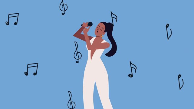 African american female singer performing song on blue background with floating musical notes.
