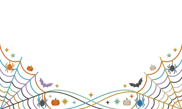 Halloween Spider Web Bottom Border Frame with Glitter Spiders, Bats, and Pumpkins Isolated on Transparent Background PNG Cutout
