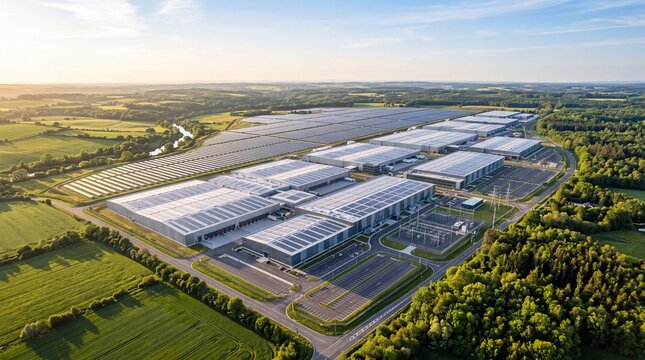 Expansive industrial facility with extensive rooftop solar panels and surrounding green landscape