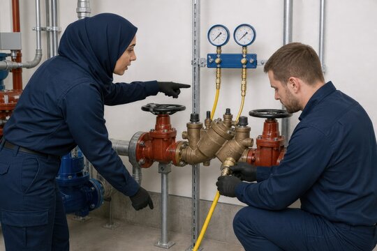 Backflow Prevention Testing Workplace Interaction With Exactly Two Technicians In A Clean Pump Room A Middle Eastern Woman Points To The Correct Upstream Test Port