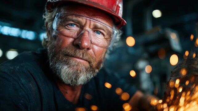 A close-up portrait of a hardworking individual, wearing a safety helmet and goggles, surrounded by vibrant sparks while engaged in metal work amidst an industrial setting.