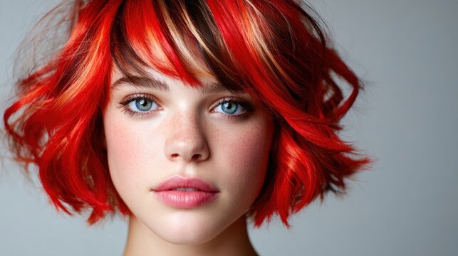 A striking portrait of a young individual with vivid red hair and bright blue eyes, showcasing natural beauty and youth with an engaging expression and artistic flair.