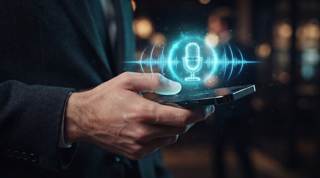 Businessman Using Voice Assistant on Smartphone with Digital Microphone Hologram Interface, Voice Recognition Technology and AI Communication Concept