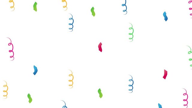 Colorful confetti and streamers falling on white background celebratory festive motion footage.