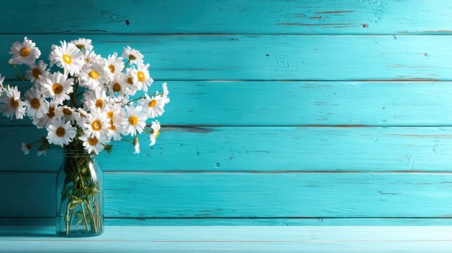 A beautiful bouquet of daisies in a glass jar against a vibrant blue wooden backdrop, showcasing nature's beauty and simplicity in floral decor for cheerful settings.