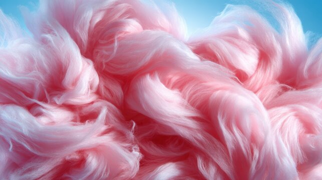 A dreamy composition of soft, fluffy pink fibers reminiscent of cotton candy, evoking nostalgia and whimsy against a bright blue backdrop.