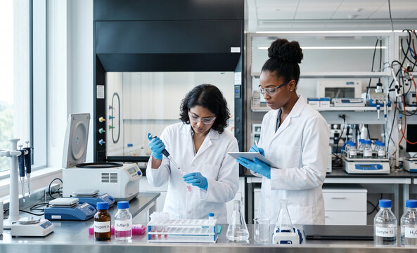 Scientists Collaborating with Digital Technology in Modern Laboratory