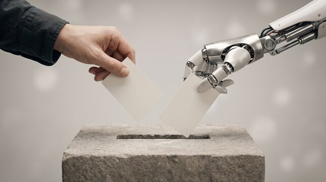 Conceptual image of human hand and robotic arm placing white paper ballots into stone voting box representing democracy and artificial intelligence in future elections.