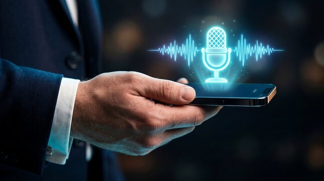 Close up of male hand holding smartphone with glowing blue digital microphone icon and audio sound wave visual representative of voice assistant and podcast technology.