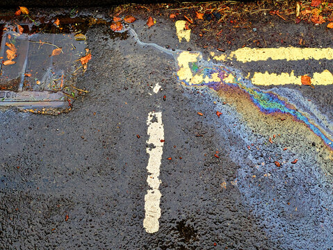 A leaked Car Oil Petrol in The Rain on a Tarmac Road Metallic Rainbow Gasoline